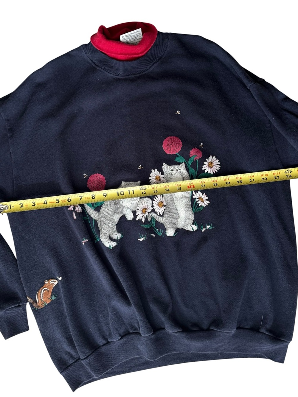 Vintage XL Cat Sweatshirt Mock Neck Floral Kittens Grandmacore Cottagecore - Picture 8 of 10